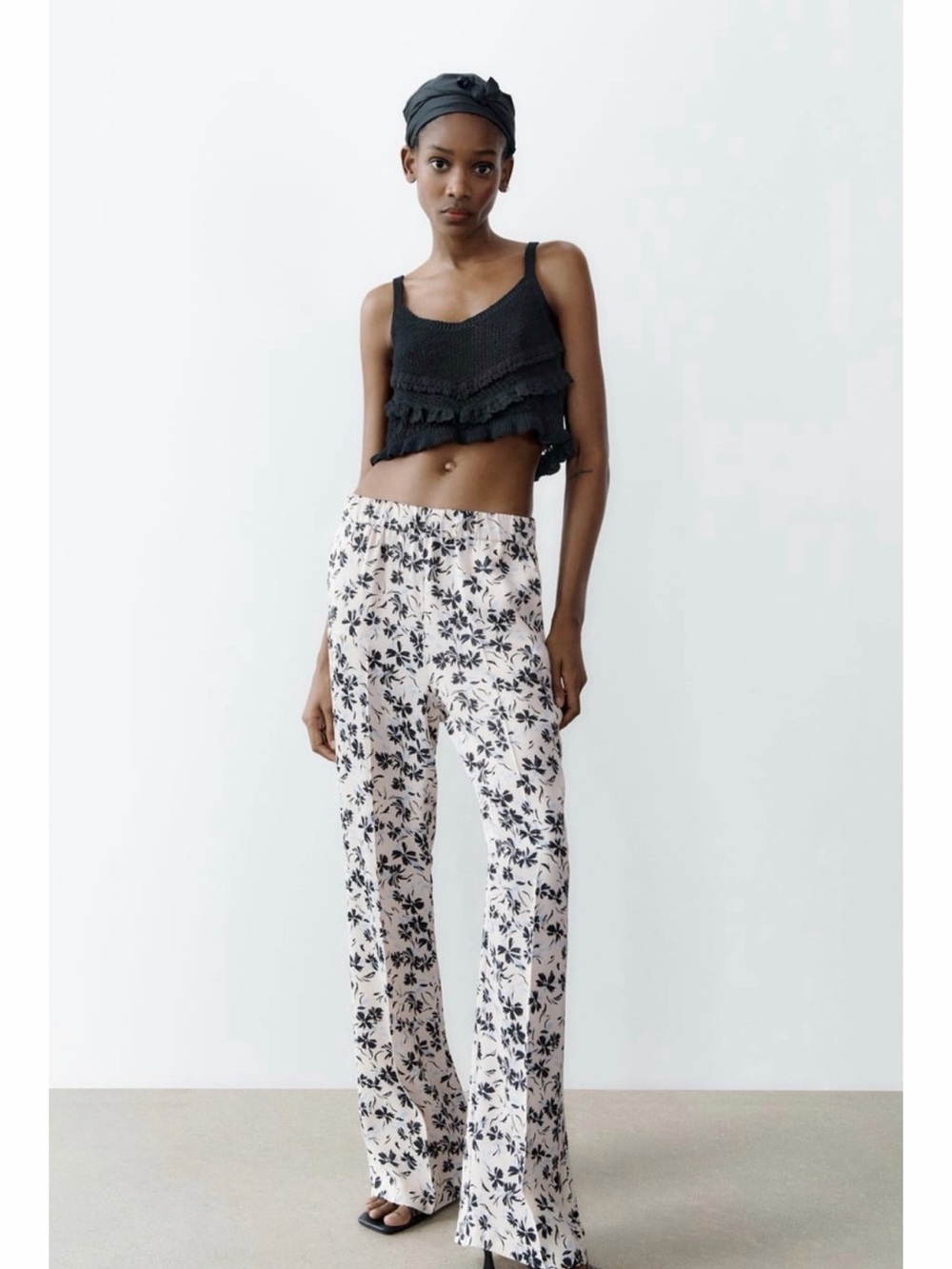 Zara Floral Wide-Leg Pants - Cream & Black